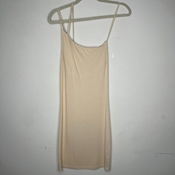 Enza Costa Sexy Cream One Shoulder Spaghetti Strap Ribbed Bodycon Mini Med - Picture 2 of 11